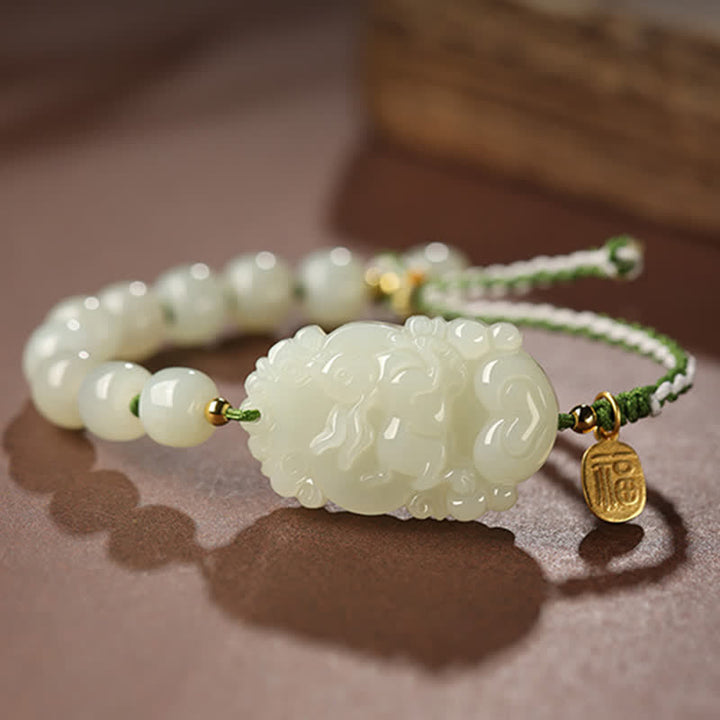 Pulsera de plata de ley 925 con zodíaco chino, jade hetiano, felicidad, suerte
