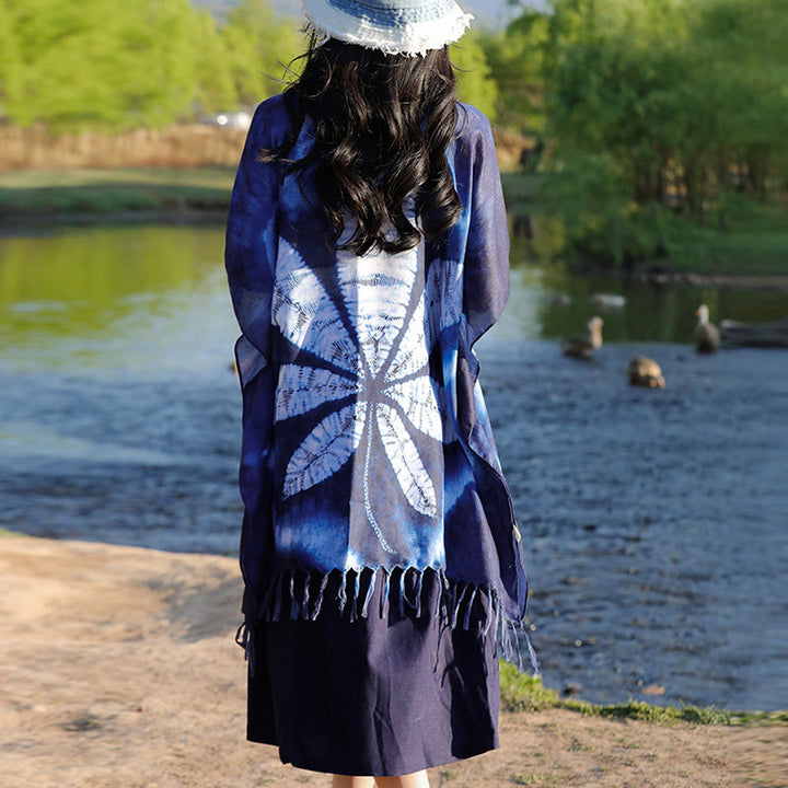 Jersey de viaje acogedor con borlas y chal de Batik azul con Buddha Stones , 95x90cm