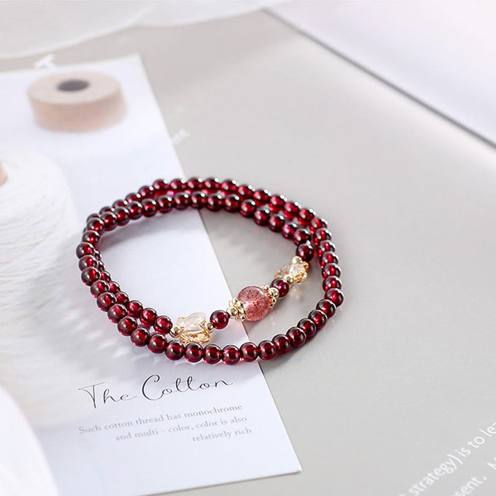 Pulsera de doble vuelta con protección de mariposa, cuarzo fresa, granate natural, chapada en oro de 14 quilates con Buddha Stones