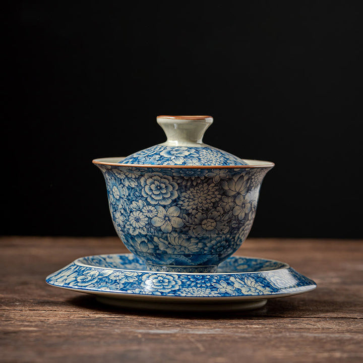 Buddha Stones azul y blanca vintage Flor de durazno Loto Peonía Cerámica Gaiwan Sancai Taza de té Kung Fu Taza de té y platillo con tapa - 10 cm x 11 cm x 160 ml (platillo de 15,3 cm) - image 10