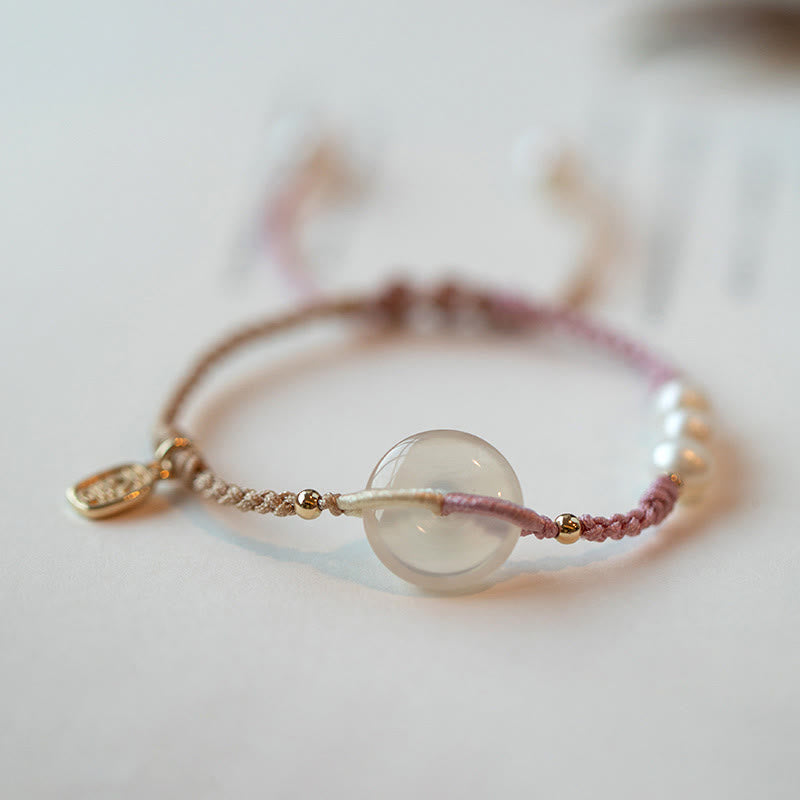 Pulsera de hilo positivo con hebilla de paz redonda de calcedonia con Buddha Stones