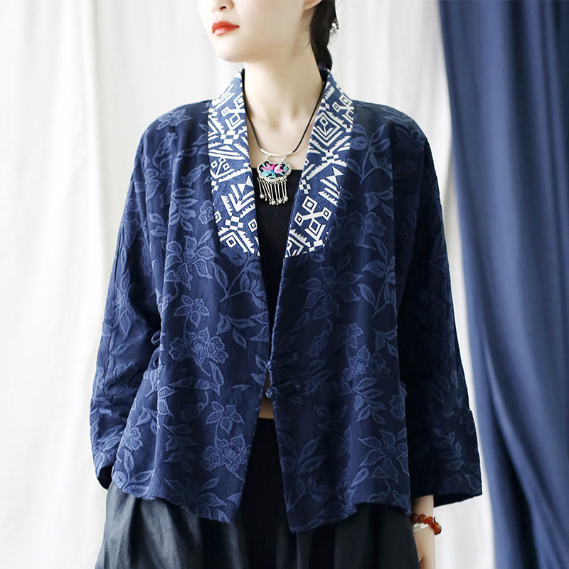 Chaqueta de manga larga con cuello en V y jacquard floral con Buddha Stones