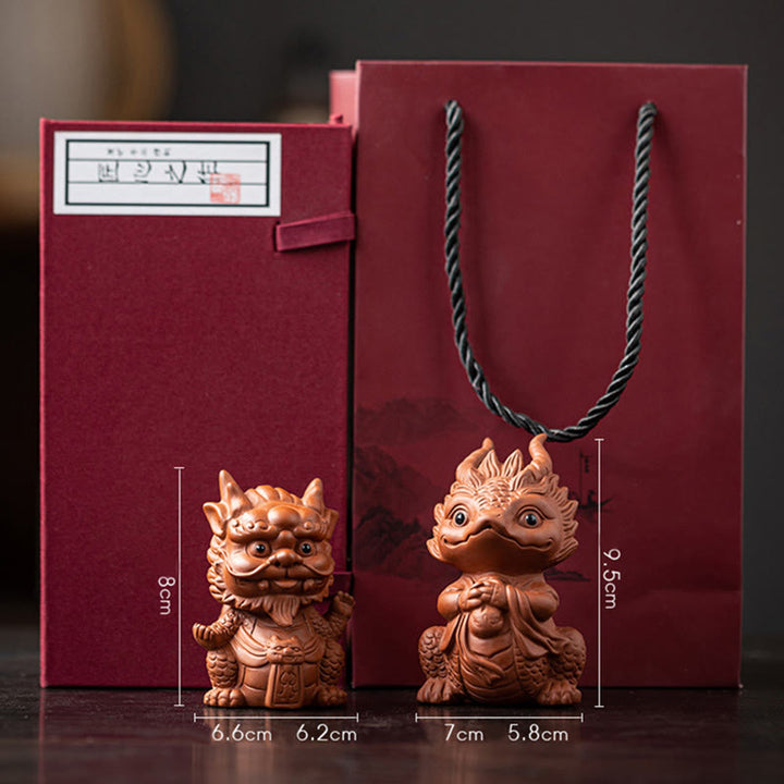 Buddha Stones, dragón de la suerte, riqueza, té, mascota, figura decorativa de arcilla púrpura, decoración - Rey Dragón + Chica Dragón (Par de figuras marrones y caja de regalo) - image 26