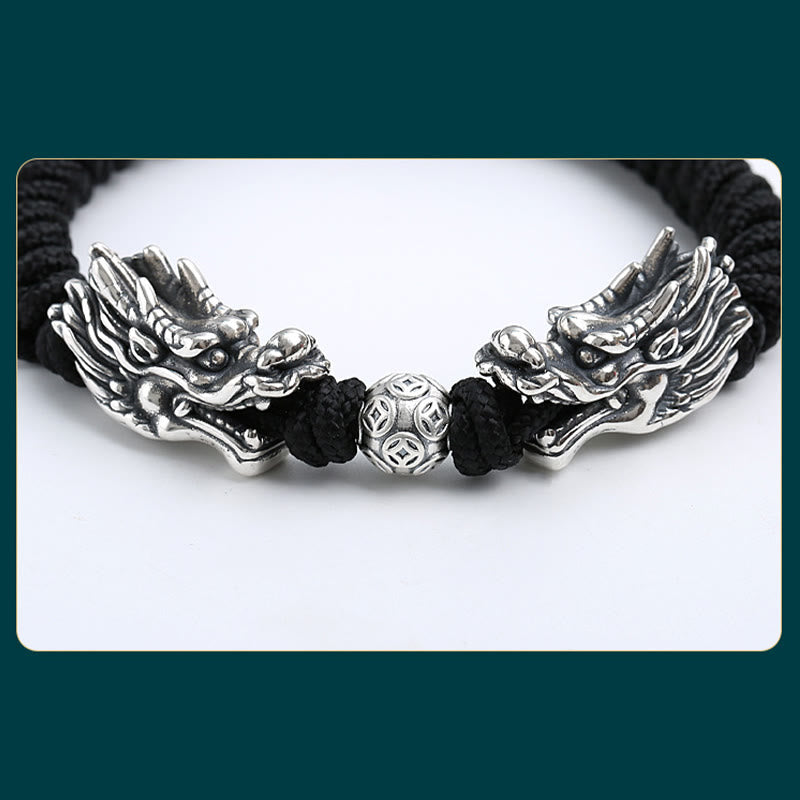 Pulsera trenzada hecha a mano con doble suerte de dragón de plata de ley 999 con Buddha Stones