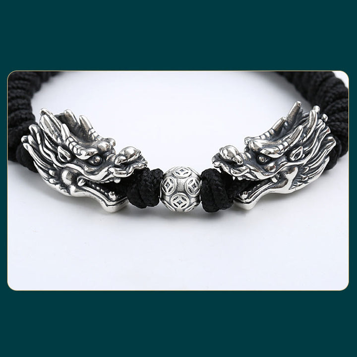 Pulsera trenzada hecha a mano con doble suerte de dragón de plata de ley 999 con Buddha Stones