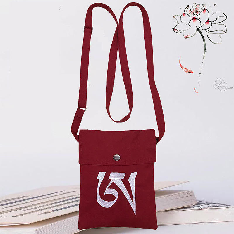 Hecho a mano OM Mantra bordado espiritual mente práctica algodón crossbody bolso hombro bolso teléfono celular