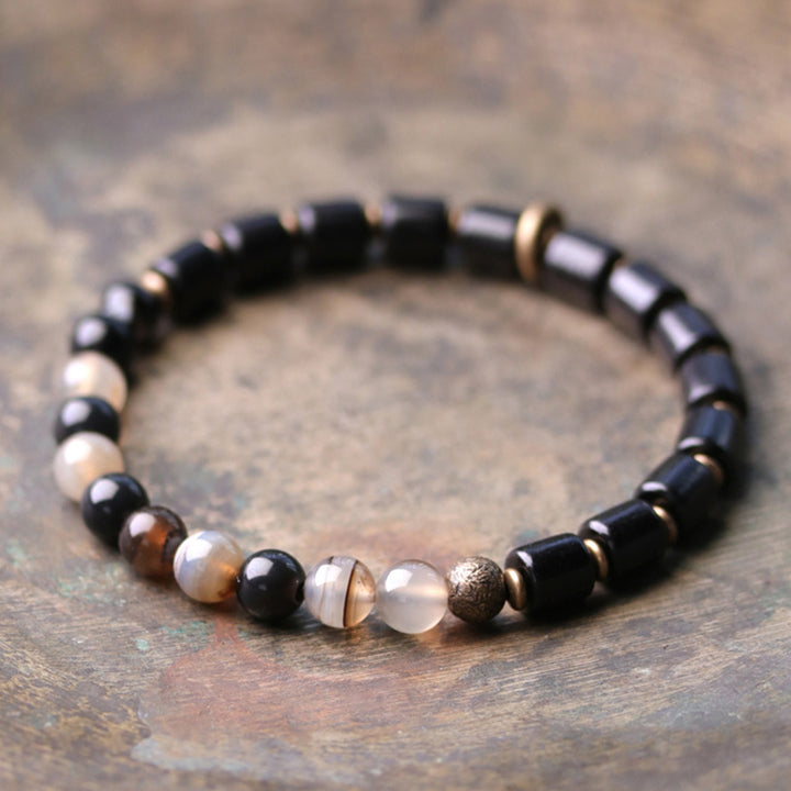 Pulsera de pareja de paz con Buddha Stones, madera de ébano, jaspe rojo, ágata de musgo, cristal, cobre