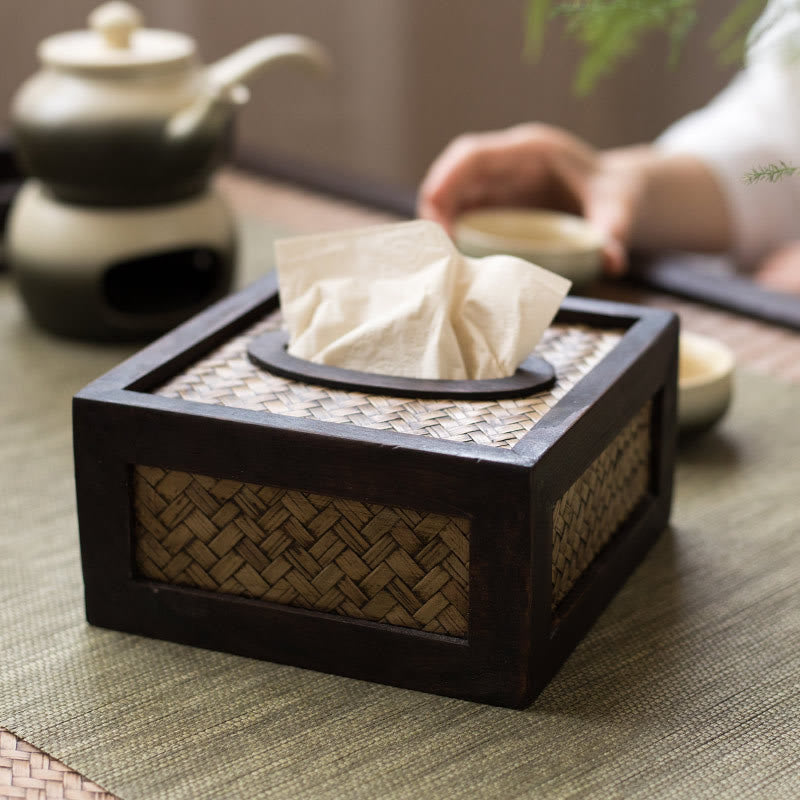 Caja de pañuelos de madera tejida de bambú hecha a mano, soporte de madera para pañuelos, cajas de toallitas, decoración