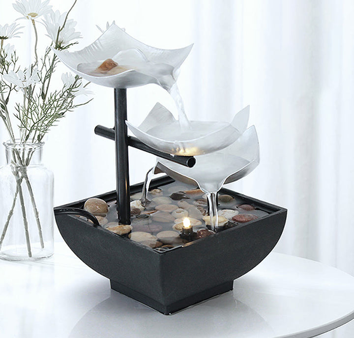 Adornos de loto de mesa de fuente de cascada de tres capas con decoración de escritorio de rocas de río
