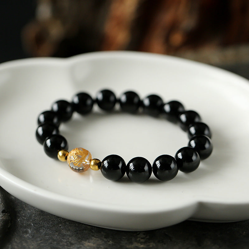 Pulsera de fuerza de dragón de ónix negro de cristal blanco de obsidiana negra natural con Buddha Stones