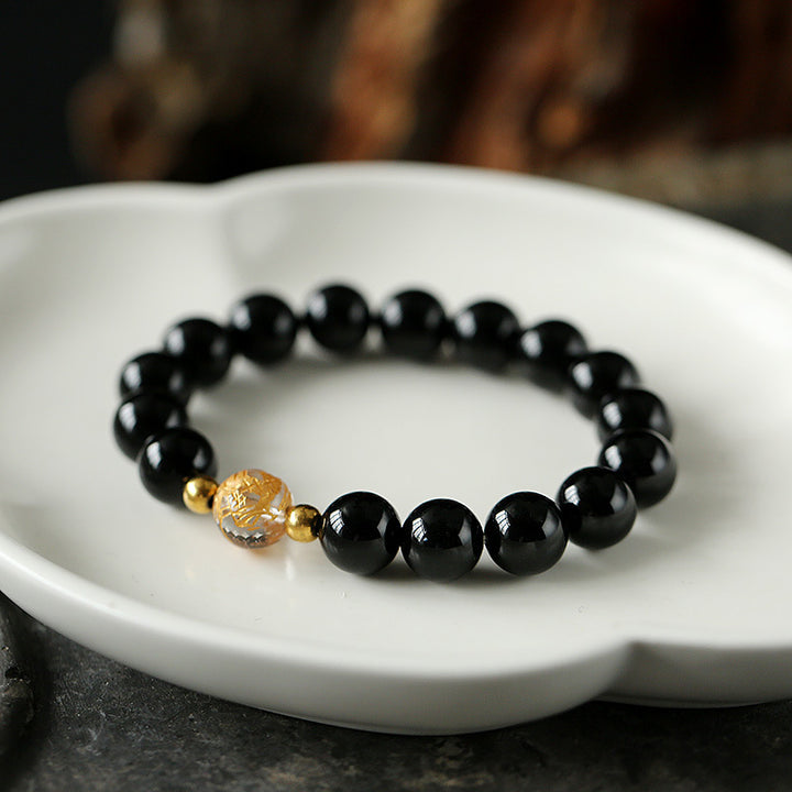 Pulsera de fuerza de dragón de ónix negro de cristal blanco de obsidiana negra natural con Buddha Stones