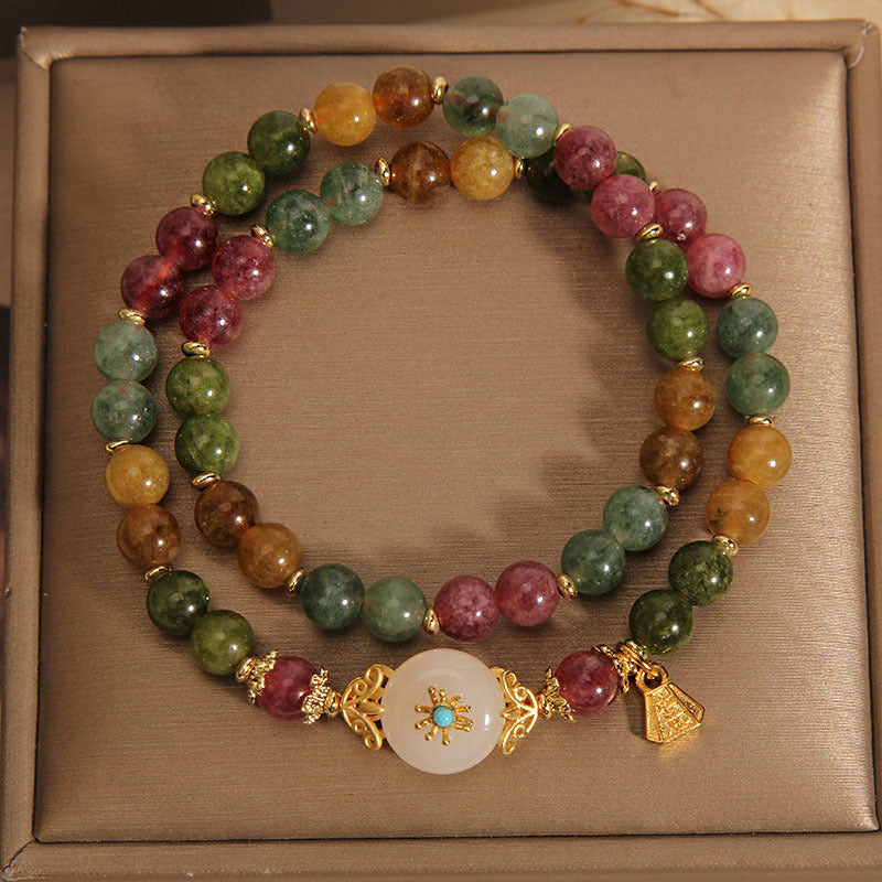 Pulsera de doble vuelta con flor de jade positivo de turmalina multicolor natural de Buddha Stones