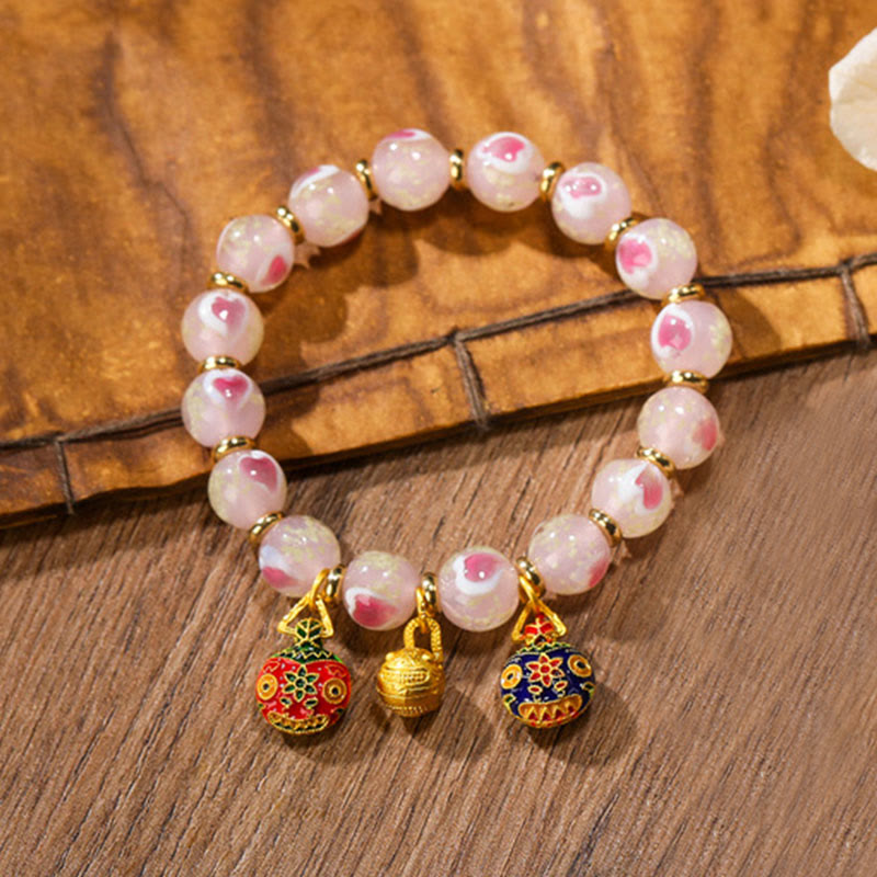 Pulsera de bendiciones con cuentas de cristal Liuli fluorescentes de corazón de amor rosa luminoso con abalorio familiar de bestia tragadora de oro con Buddha Stones