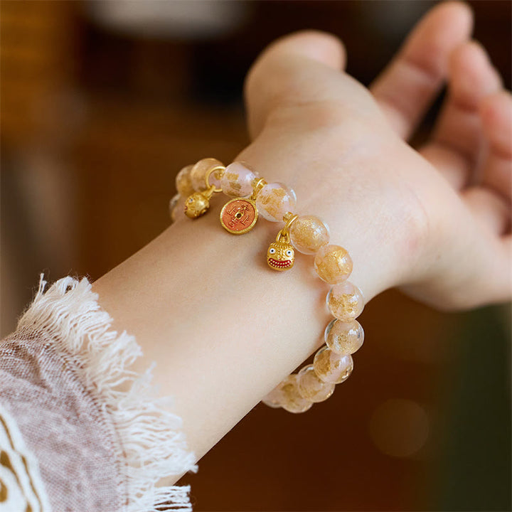 Buddha Stones, bestia tragadora de oro, moneda de cobre, amuleto de buena suerte, pulsera de fortuna con cuentas de vidrio Liuli