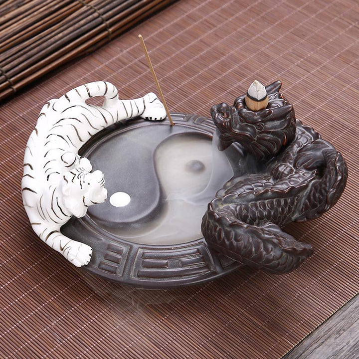 Fuente de humo de reflujo de dragón tigre, decoración de quemador de incienso de bendición Yin Yang de cerámica