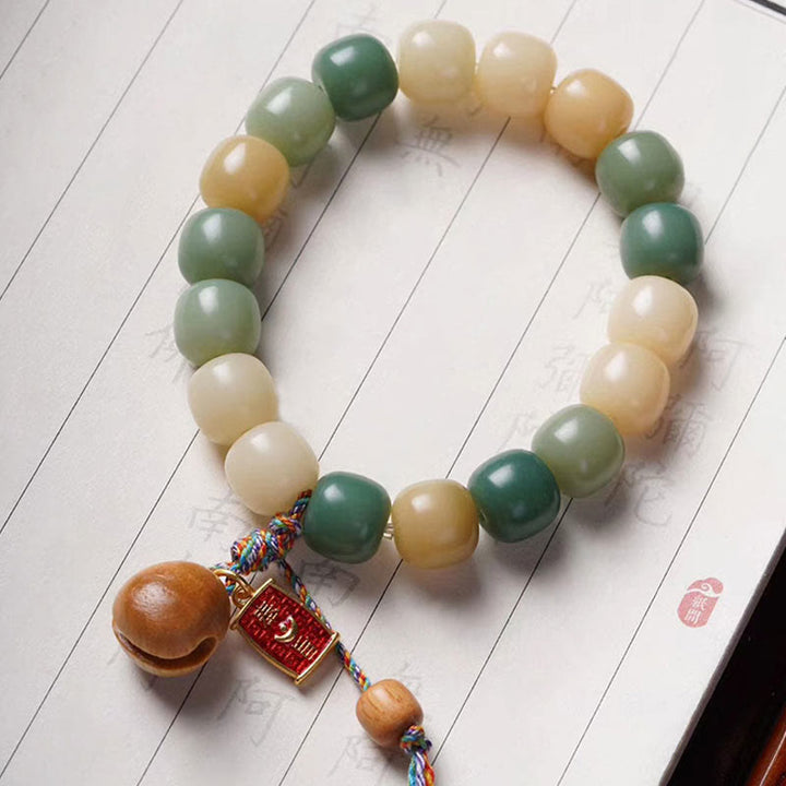 Pulsera con dije de tambor de pez de madera con semillas de Bodhi, gradiente Natural, Buddha Stones