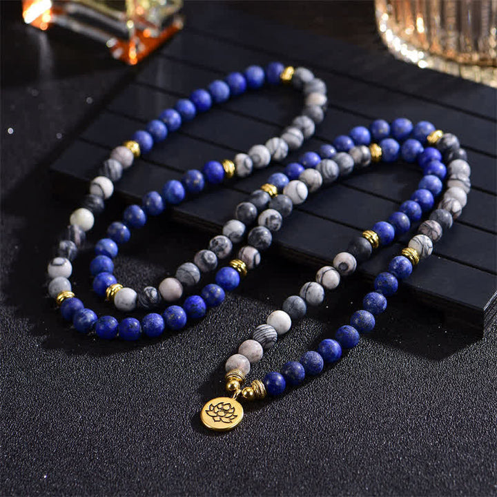 Pulsera de cuentas de oración con Buddha Stones , lazurita, lapislázuli, jaspe Picasso, amazonita, rodonita, apatita y loto positivo. - image 2