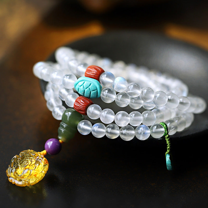 Buddha Stones 108 cuentas Mala piedra lunar ámbar loto turquesa pulsera curativa de cristal