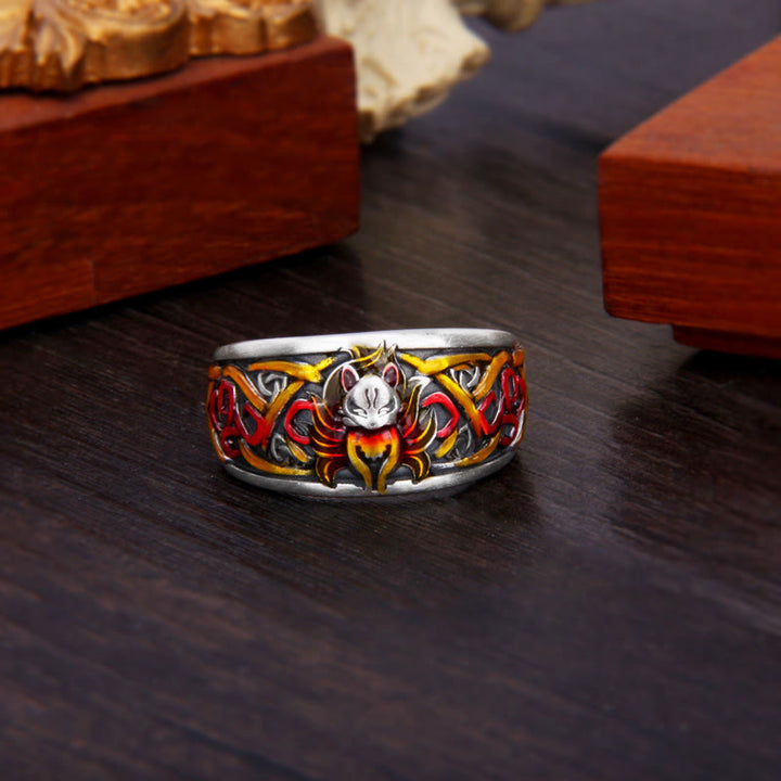 Anillo de protección de éxito de zorro de nueve colas de plata de ley 999 con Buddha Stones