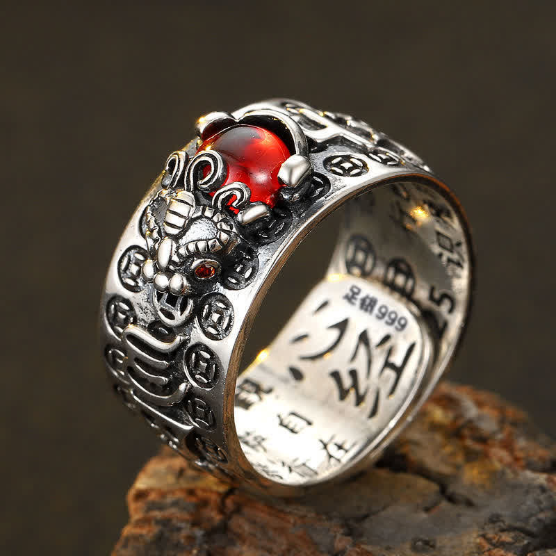 Anillo de riqueza Sutra con corazón de granate rojo FengShui PiXiu de Buddha Stones
