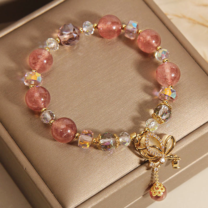 Pulsera con dije de mariposa positiva curativa de cuarzo fresa natural con Buddha Stones