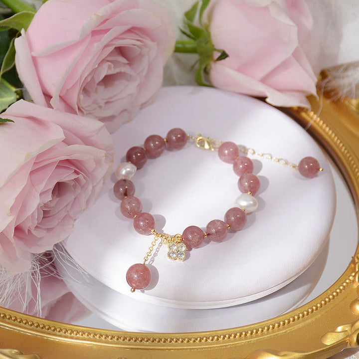 Pulsera de amor con trébol de cuatro hojas y perlas de cuarzo fresa natural con Buddha Stones