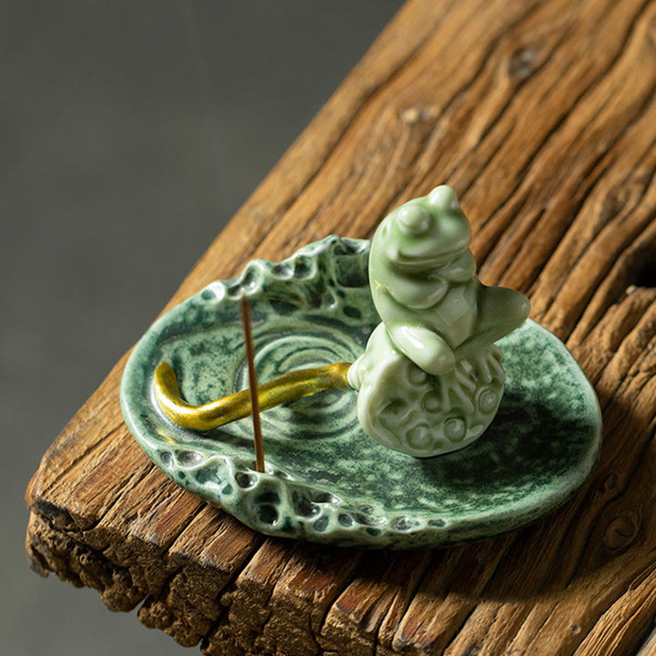Quemador de incienso de cerámica curativo con patrón de rana para meditación de hojas de Buddha Stones, decoración