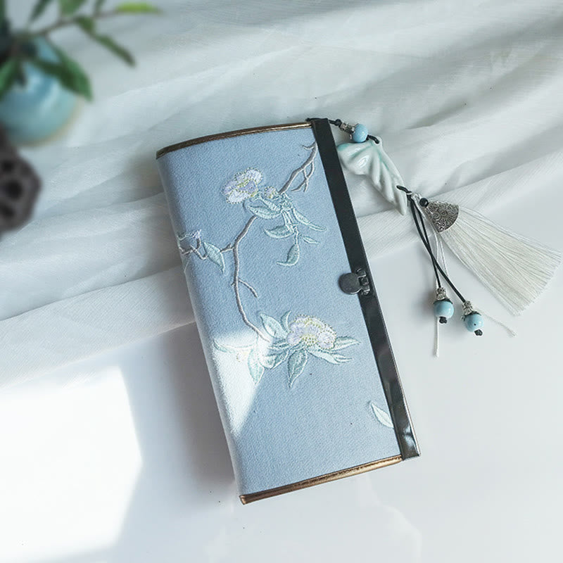 Monedero de compras con bordado de doble cara de bambú, flor de Buddha Stones , ciruela, flor de melocotón, tarjetero para efectivo de gran capacidad - Flor de té azul claro y blanco - image 9