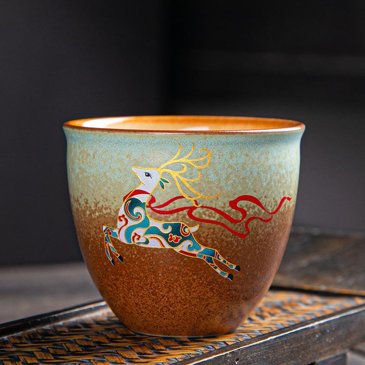 Buddha Stones, ciervo colorido, Pipa, nieve, flores de ciruelo, montañas, ríos, pájaro, taza de té de cerámica, tazón de té de Kung Fu