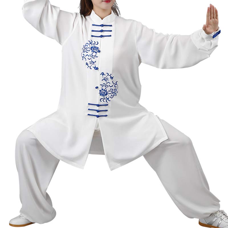 Buddha Stones Conjunto de ropa unisex para práctica de meditación, oración, tai chi y qigong con bordado de flores - image 11