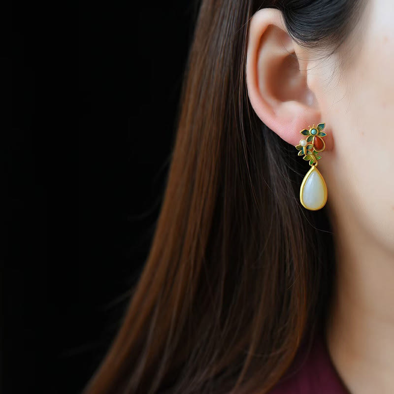 Pendientes colgantes con forma de gota de agua , Buddha Stones , Jade blanco, ágata roja, mariposa