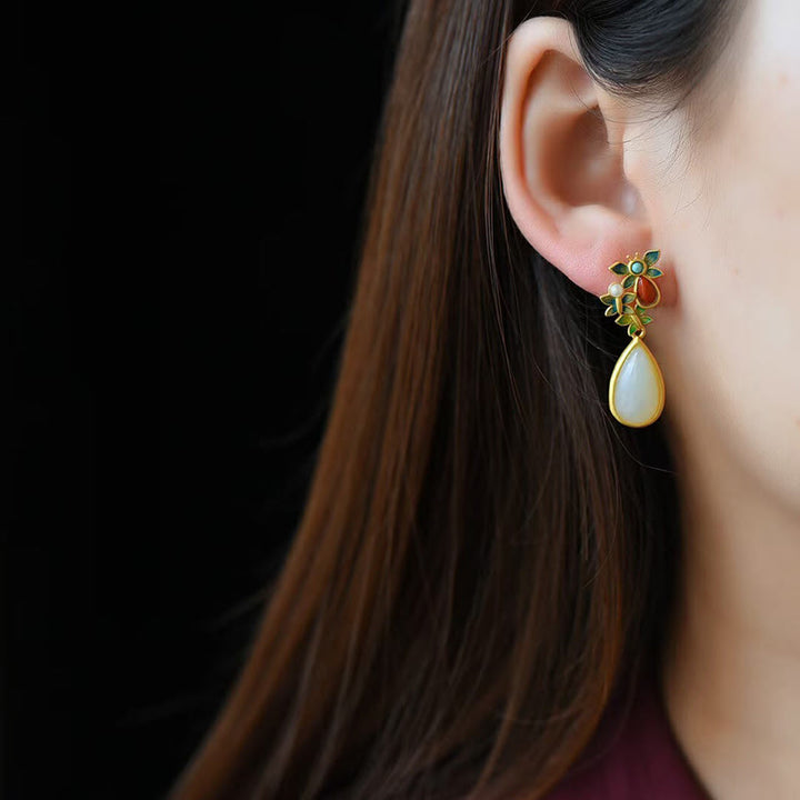 Pendientes colgantes con forma de gota de agua , Buddha Stones , Jade blanco, ágata roja, mariposa