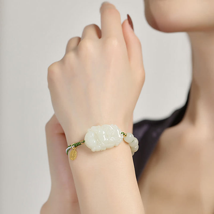 Pulsera de plata de ley 925 con zodíaco chino, jade hetiano, felicidad, suerte