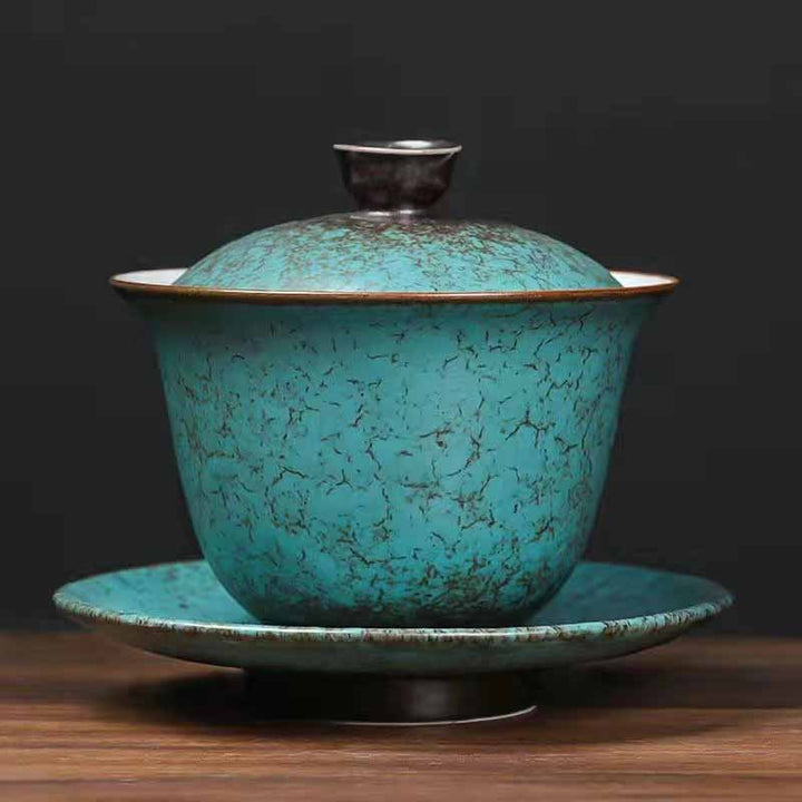 Taza de té y platillo con tapa, Gaiwan Sancai de cerámica verde, pino tradicional, Buddha Stones , Kung Fu