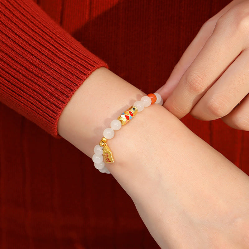 Pulsera de plata de ley 925 con Buddha Stones , jade blanco hetiano, ágata roja, pez Koi, suerte y felicidad