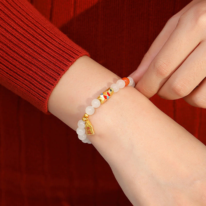 Pulsera de plata de ley 925 con Buddha Stones , jade blanco hetiano, ágata roja, pez Koi, suerte y felicidad