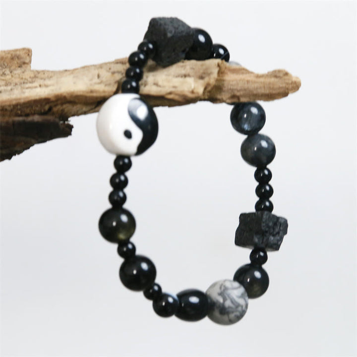 Pulsera de protección de la fortuna Yin Yang con cuentas de jaspe Picasso de ónix negro y Buddha Stones