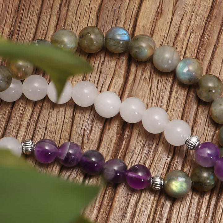 Pulsera de protección de piedra con brillo negro, 108 cuentas Mala, ágata blanca, amatista