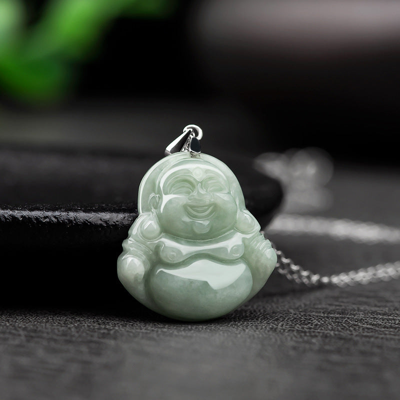 Collar con colgante de cadena de acero y titanio con Buddha Stones sonriente y bendición de jade - image 1