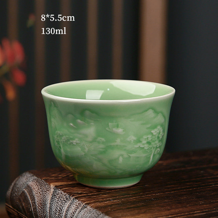 Taza de té de cerámica de pino, piedras de Buddha Stones , árboles, pabellón, montañas, ríos, Kung Fu