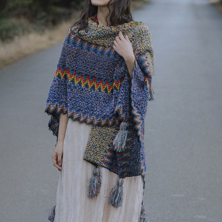 Mantón tibetano de Buddha Stones, capa de punto suave y cálida, bufanda tibetana con borlas de invierno