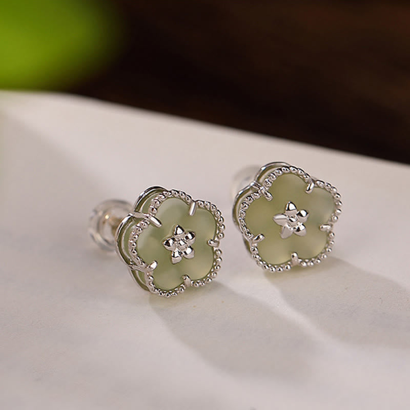 Pendientes de plata de ley 925 con Buddha Stones , jade hetiano y flor de ciruelo