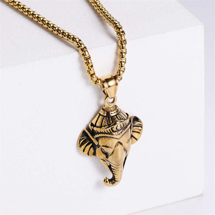 Collar con colgante de protección de acero de titanio y elefante Ganesh Ganpati - Oro - image 1
