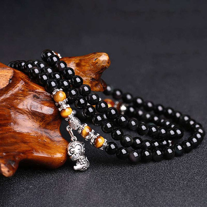 Pulsera de Mala de la fortuna con ojo de tigre de obsidiana negra con 108 cuentas del zodiaco chino
