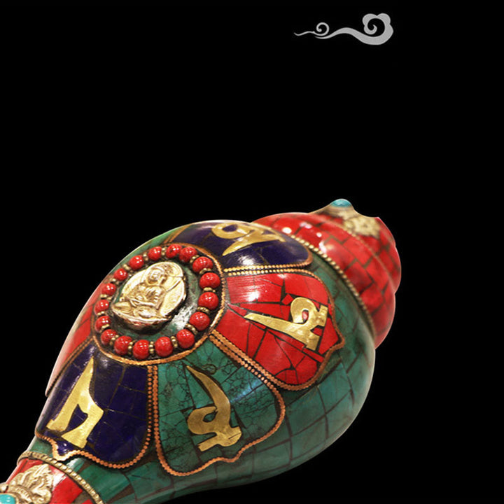 Concha tibetana hecha a mano Shankha Om Mani Padme Hum Buda, decoración de la suerte