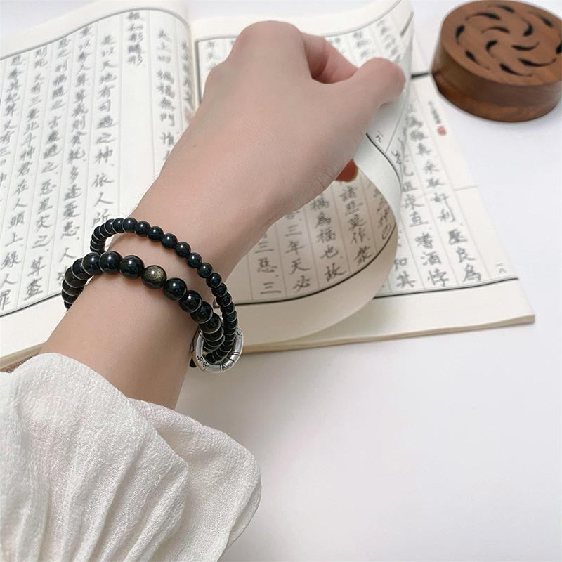 Pulsera de doble capa de obsidiana negra de plata de ley 999 con Buddha Stones