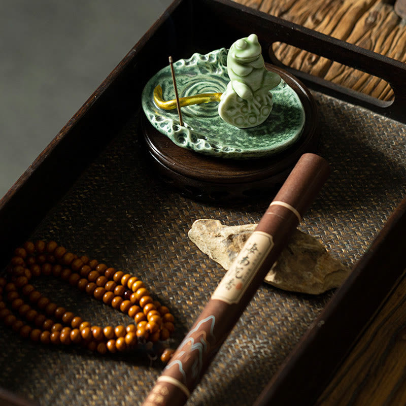 Quemador de incienso de cerámica curativo con patrón de rana para meditación de hojas de Buddha Stones, decoración