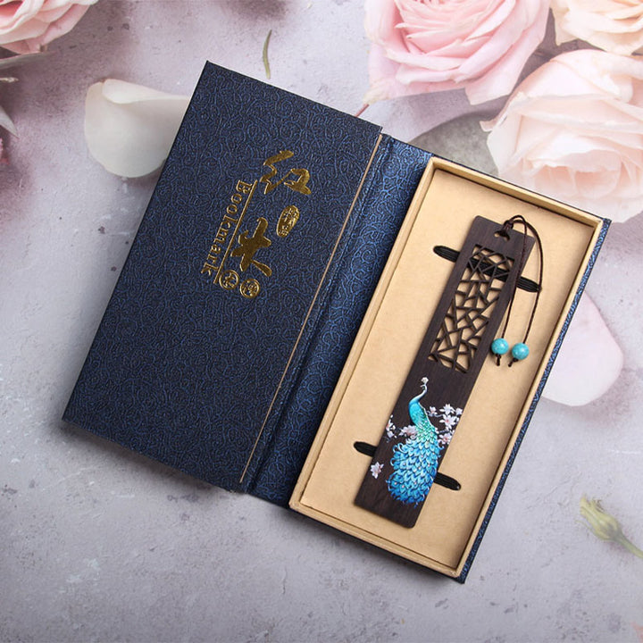 Marcadores de libros de madera de ébano y pavo real azul con Buddha Stones y caja de regalo