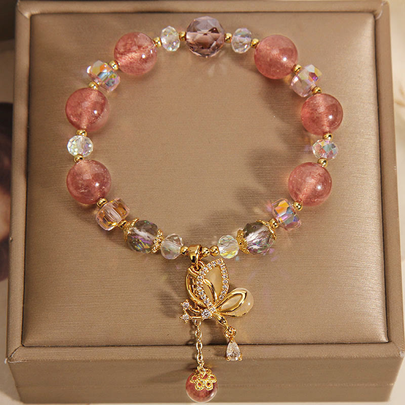 Pulsera con dije de mariposa positiva curativa de cuarzo fresa natural con Buddha Stones