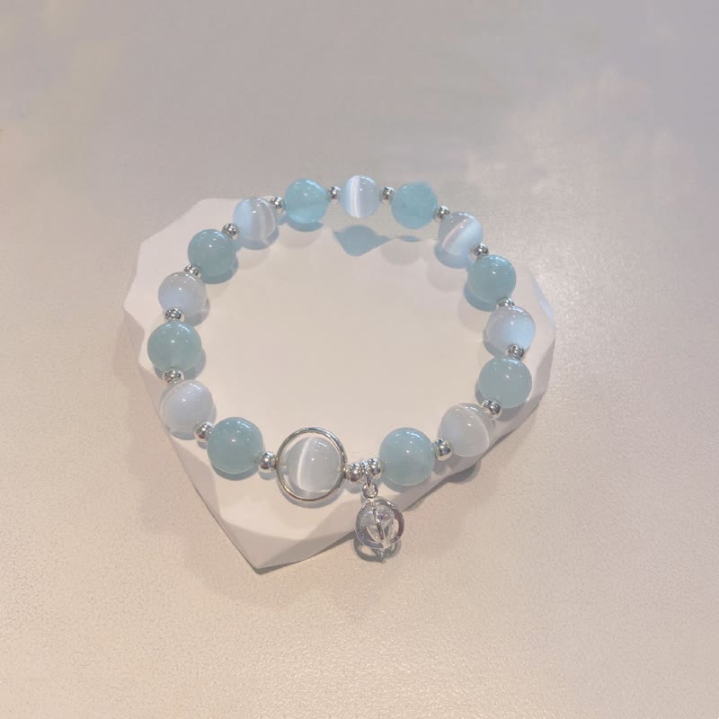 Pulsera con dije de soporte de aguamarina y ojo de gato de plata de ley 925 con Buddha Stones